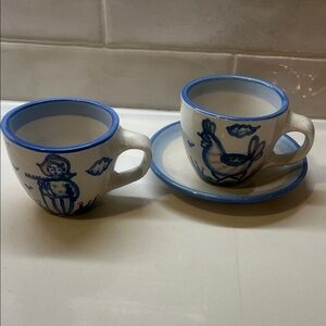 MA Hadley Pottery Stoneware Coffee/ 2 Tea Cups And 1 Saucer